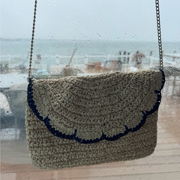 Handbags - Vintage Raffia Straw Clutch Shoulder Bag Navy Scalloped Trim Coastal Beach